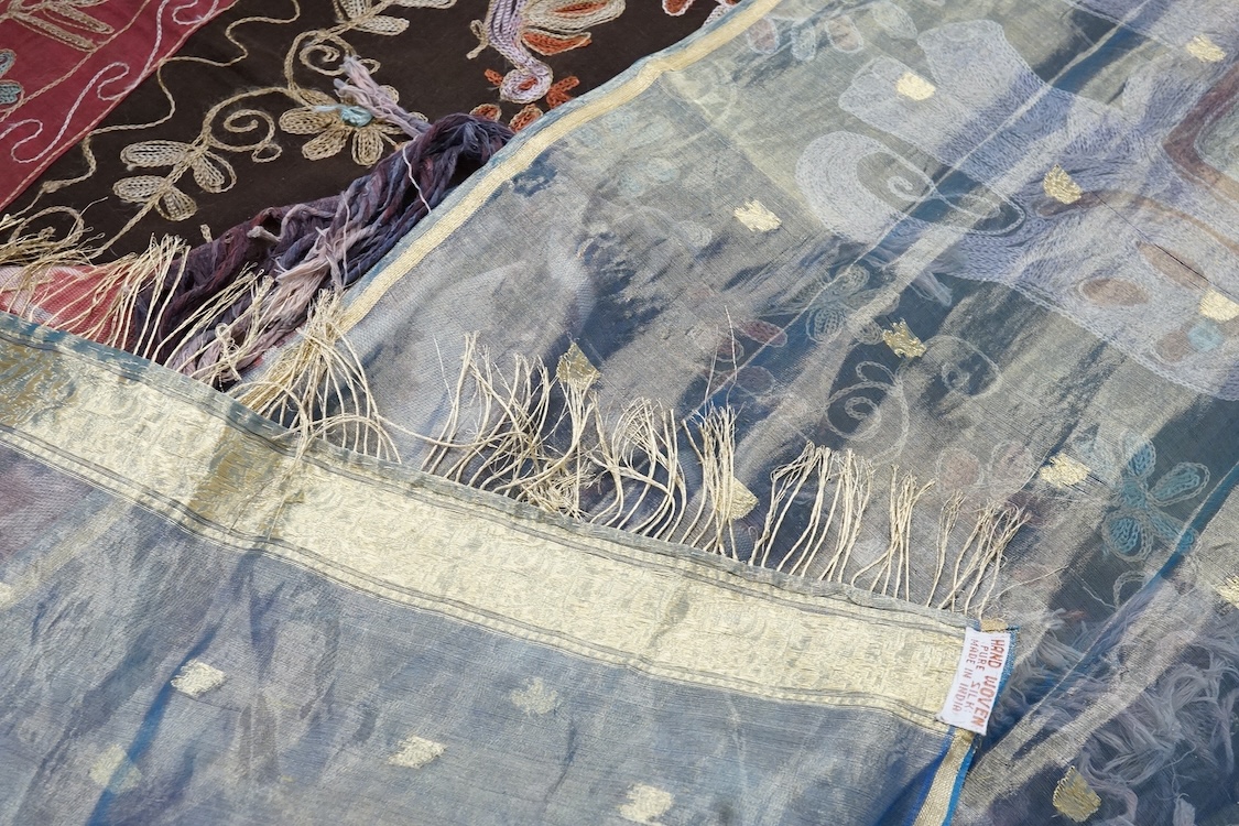 A Sumbanese shoulder cloth, an Indian chain stitch panel and a finely woven silk stole